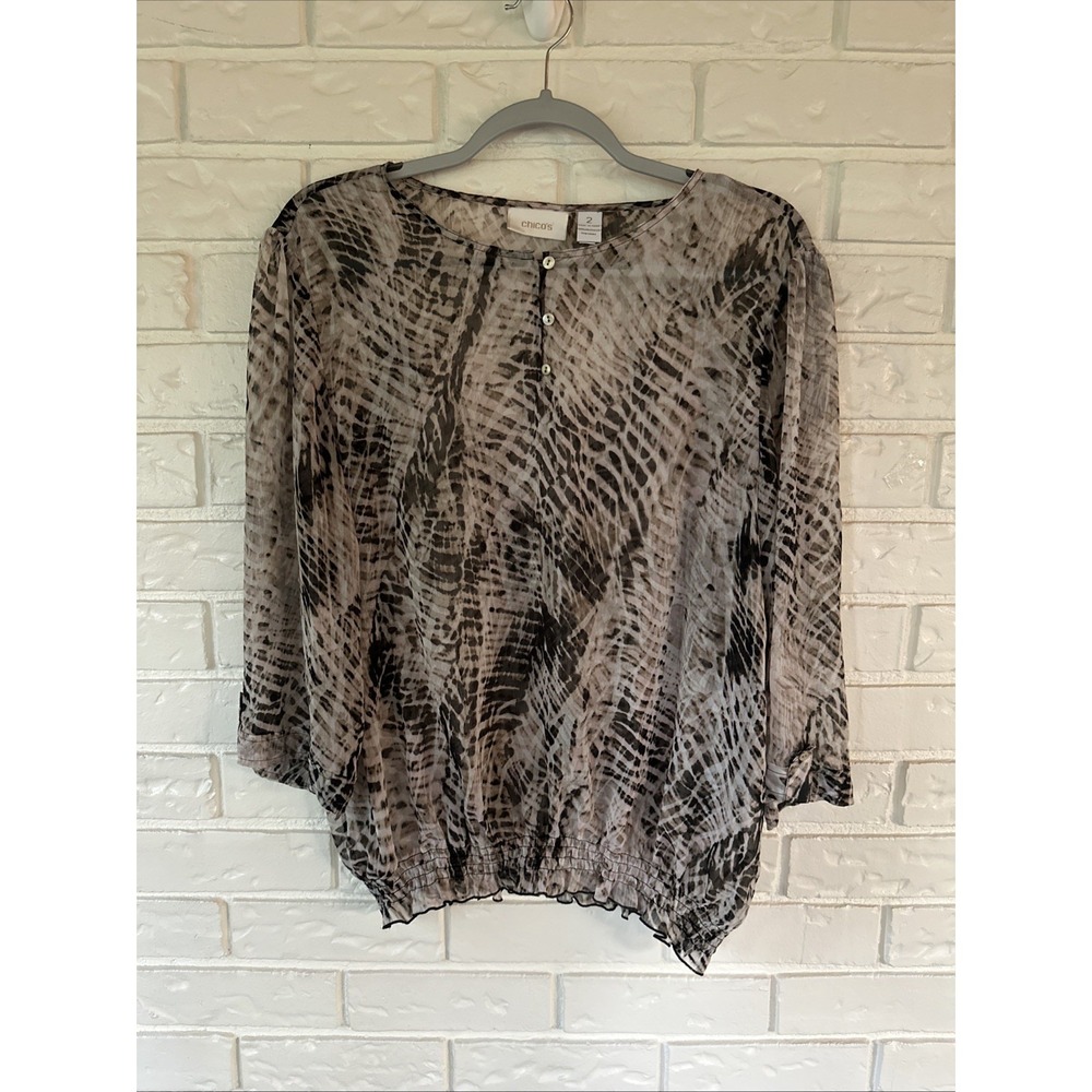 Chicos Shirt Womens Size 2 (L) Animal Print Sheer‎ Pullover Blouse Top